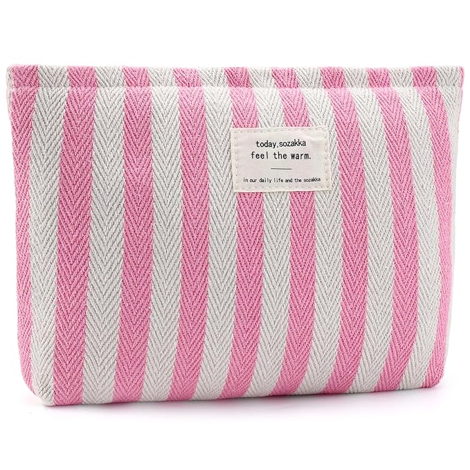 ZLFSRQ Striped Makeup Bag Large Canvas Makeup Bag for Women Pink Cosmetic Pouch for Purse Cute Striped Pencil Pouch Y2k Aesthetic Trendy Zippered Travel Toiletry Bags Gift Skincare Storage Organizer