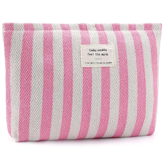 ZLFSRQ Striped Makeup Bag Large Canvas Makeup Bag for Women Pink Cosmetic Pouch for Purse Cute Striped Pencil Pouch Y2k Aesthetic Trendy Zippered Travel Toiletry Bags Gift Skincare Storage Organizer