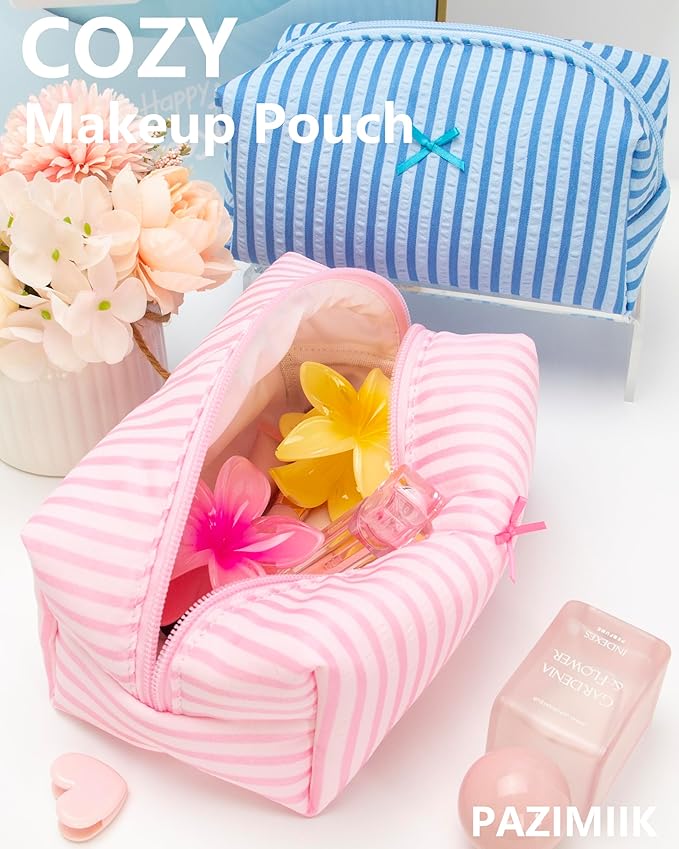 6PCS Cozy Makeup Bag Small Aesthetic Travel Zipper Cosmetic Pouch for Women Make Up Beauty Accessories Brushes, Stripe Cute Pink