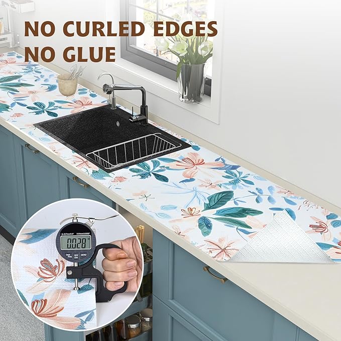 Drawer and Shelf Liner for Kitchen Cabinet,Non Adhesive Anti-Slip Double Layer PVC Waterproof Easy Clean for Dresser Bathroom Refrigerator with Knife Tape Measure (17 in X 20 Ft Colored Flowers)