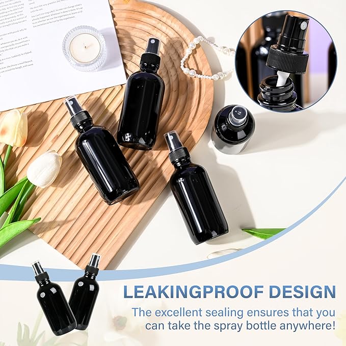 4 PCS, 4 oz Black Glass Mini Spray Bottles, Fine Mist, Refillable Containers for Cleaning Solutions and Skin Care