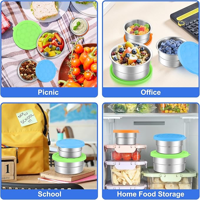 E-far Snack Containers with Lid Set of 3 (3, 6, 12.9oz), Stainless Steel Food Container for Kids Toddlers Adults, Round Metal Reusable Food Storage Box for Daycare School, Leak Proof & Stackable