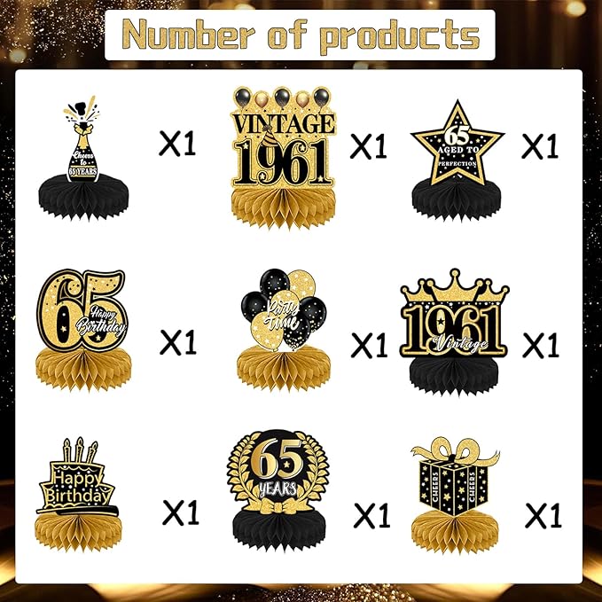 Refavor 65th Birthday Decorations for Men - 9PCS Vintage 65th Birthday Honeycomb Centerpieces Table Decorations Women, Black Gold 1961 Happy 65 Years Bday Party Decor