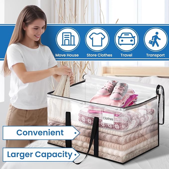 Heavy Duty Clear Moving Bags with Reinforced Handle and Double Zipper, Storage Totes, Packing Bags Alternative to Moving Essential and Supplies Box, Clear, Large, 6 Packs