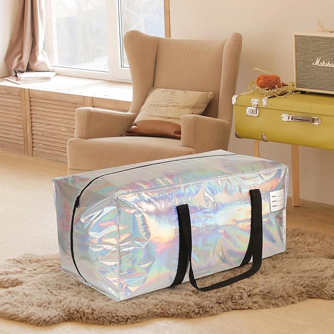 2 Pack Heavy Duty Moving Bags Extra Large Waterproof Foldable Clothing Storage Totes Bags with Zipper, Reinforced Handles, Packing Moving Boxes for Dorm & Seasonal Storage, Iridescent