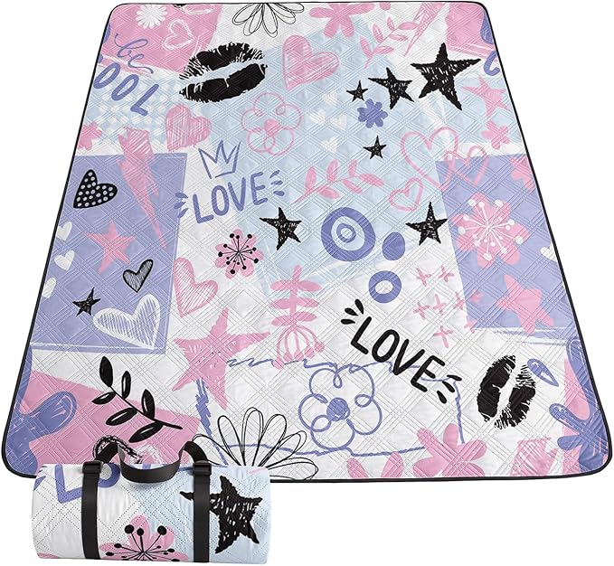 Outdoor Picnic Blanket,Portable Sandproof Waterproof Picnic Mat,Pink Purple Graffiti Printed Camping Beach Mat for Sand and Wet Grass Hiking (Pink Purple Graffiti L)