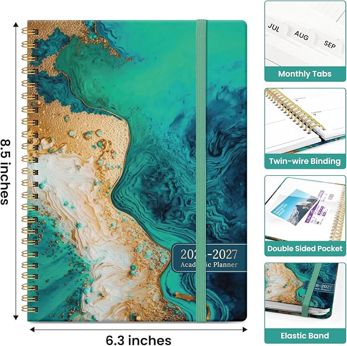 Planner 2026-2027, Academic Monthly and Weekly Calendar Planner for Women, July 2026 - June 2027, Hardcover Pretty Agenda Planner Book with Tabs, Spiral Daily Organizer for School Office Home Supplies, 6.3" x 8.5" - Emerald Shores