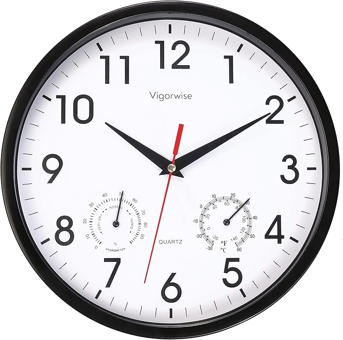 Wall Clock, Sweep Silent Movement Accurate Clocks with Temperature & Humidity, Decorative for Kitchen/Living Room/Bedroom/Office/School/Classroom (Black, 10 inch)
