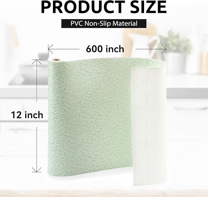 12X600 Inch Shelf Liner with Scissor & Tape Measure for Kitchen Cabinets, PVC Drawer Liner for Dresser Non-Slip Bathroom, Non-Adhesive Cabinet Liner Washable (Green)