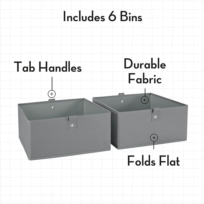 RiverRidge Kids 6pc Folding Storage Bins Set - 10.5”W x 5”H Fabric Boxes with Handles for Closet Organizers & Storage - Gray Cube Storage Organizer for Toys, Clothes & Crafts - Fits RiverRidge Shelves