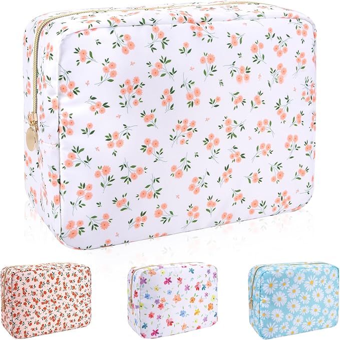 Waterproof Nylon Large Makeup Bag Travel Pouch, Floral Preppy Big Cosmetic Bag Make Up Organizer Toiletry Bag with Zipper, Large Capacity Cute Zipper Pouch Storage Bag for Women Girls(Pink Flower)