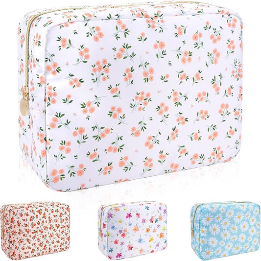 Waterproof Nylon Large Makeup Bag Travel Pouch, Floral Preppy Big Cosmetic Bag Make Up Organizer Toiletry Bag with Zipper, Large Capacity Cute Zipper Pouch Storage Bag for Women Girls(Pink Flower)