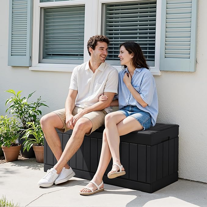Devoko 78 Gallon Deck Box, Waterproof Resin Outdoor Storage Box for Outside and Patio, Outdoor Storage Bench Lockable for Patio Furniture, Garden Tools and Pool Supplies (Black, 78 Gallon)