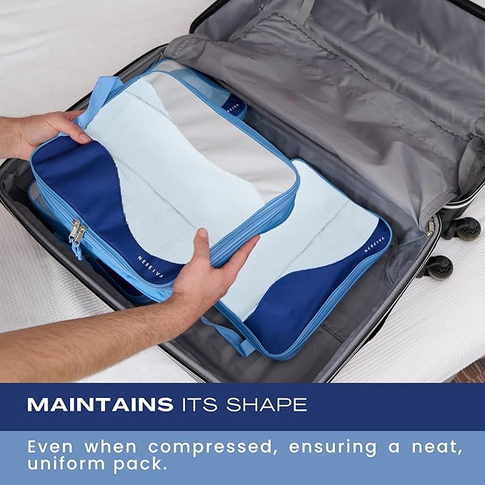 Compression Packing Cubes, 4 Set Packing Cubes for Travel, Travel Essentials for Men, Compressible Package Organizer for Suitcases, Navy Blue