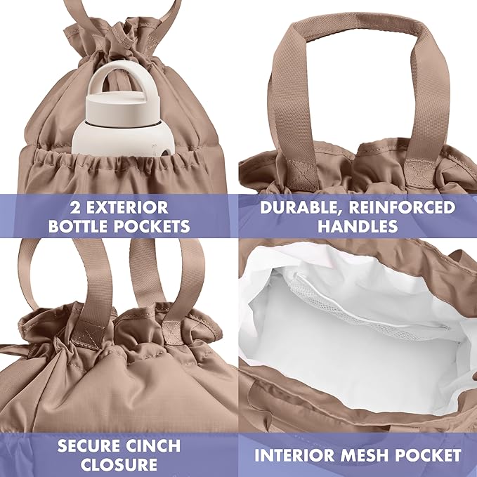 Fit & Fresh Cromwell Drawstring Lunch Bag for Women, Complete Lunch Set with 2 Containers, Stain-Resistant, Leak-Resistant, Back to School Essential, Teacher Lunchbox, Taupe