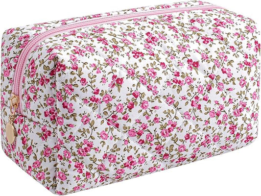 HHQQWZ Makeup Bag Travel Cosmetic Bag for Women Girls, Zipper Make Up Pouch, Floral Flowers Toiletry Organizer Makeup, Portable Storage Cosmetic Travel Cloth Bag (Red-Floral)