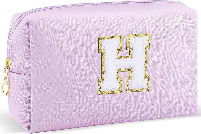 Gifts for Girls Initial Makeup Bag Personalized Cosmetic Bag with Zipper Cute Travel Toiletry Bag Waterproof PU Preppy Makeup Pouch Birthday Gift for Teen Girls Women(Purple H)