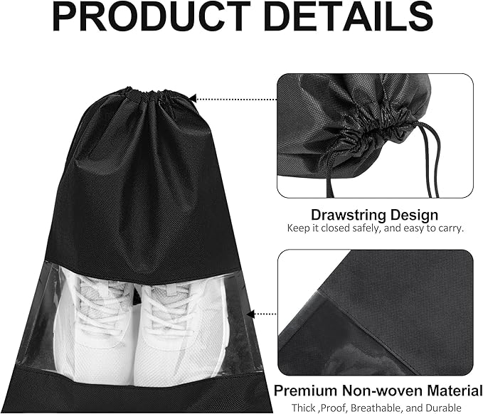 YAMIU 12PCS Shoe Bags for Travel - Large Dustproof Drawstring Shoes Pouch Packing Organizers for Men & Women, Black