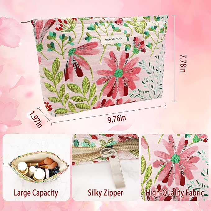 ZLFSRQ Floral Makeup Bag for Women Cute Cosmetic Bag Large Capacity Cosmetic Pouch Embroidery Vintage Zipper Makeup Pouch for Purse Portable Travel Toiletry Bags Aesthetic Skincare Storage Organizer
