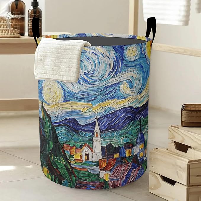 Retro Watercolor Village Laundry Basket-Large Foldable Hamper Holder Portable Tall Collapsible Laundry Hamper Storage Basket Bin with Handles, Canvas & Waterproof lining for Household Items