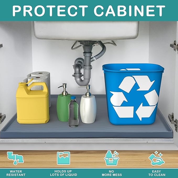 URMONA Waterproof Silicone Under Sink Mat 22'' x 19'' Shelf Liner for Kitchen and Bathroom, Cabinet and Counter Protector, Storage and Organizers, Litter Mat, Pet Cat Puppy Essentials(Dark Grey)