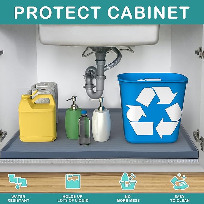 URMONA Waterproof Silicone Under Sink Mat 25'' x 22'' Shelf Liner for Kitchen and Bathroom, Cabinet and Counter Protector, Storage and Organizers, Litter Mat, Pet Cat Puppy Essentials(Light Grey)