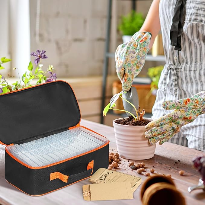 15 Slots Seed Storage Organizer Box with 20 Seed Envelopes, Large Capacity Seeds Storage Container with Zipper Bag Label Stickers, Seeds Saving Container for Garden Vegetable and Flower (Orange)