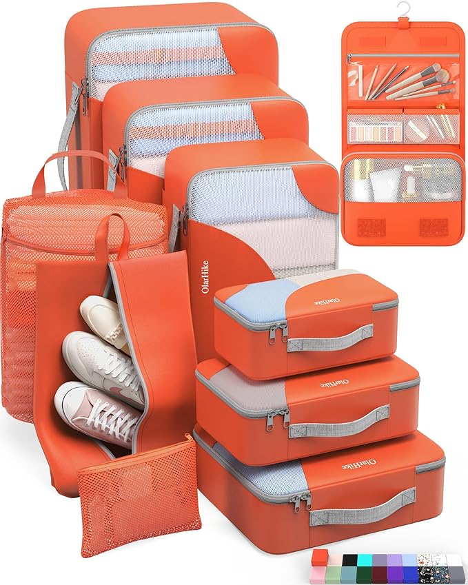ALL INCLUDED 10 Set Durable Packing Cubes for Travel,Gifts for Women Mom Men,Luggage & Suitcase Organizers with Toiletry Bag,Vacation Essentials for Cruise & Plane,Beach Accessories (Orange)