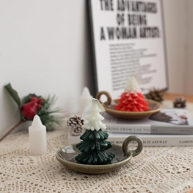 1pack Vintage Ceramic Candle Holders with Handle, Round Farmhouse Ceramic Plate Tray,Sage Holder for Burning,Incense Holder for Meditation Room Home Decor(Green)