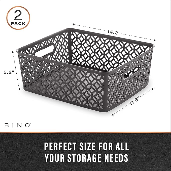 BINO l Plastic Storage Baskets, Large - Grey l THE BLOSSOM COLLECTION l Multi-Use Organizer Bin l Built-in Handles l Plastic Woven Basket for Organizing l Pantry & Home Organizing Basket