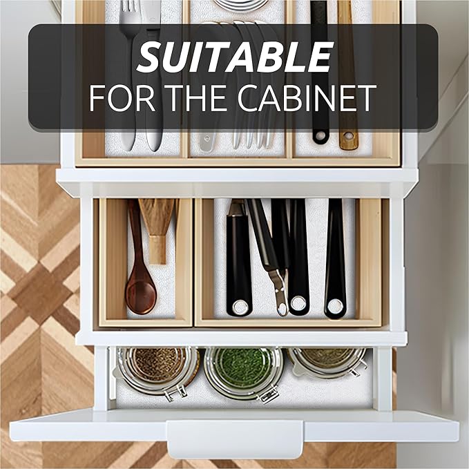 12X120 Inch Shelf Liner with Scissor & Tape Measure for Kitchen Cabinets, PVC Drawer Liner for Dresser Non-Slip Bathroom, Non-Adhesive Cabinet Liner Washable (White)