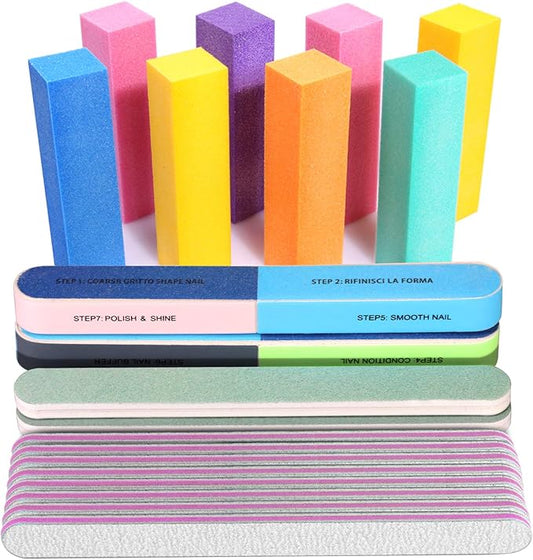 FANDAMEI Nail File and Buffer, Professional Manicure Tools Kit. 8PCS Rectangular Nail Buffer Block, 8PCS Nail File, 2PCS 7 Way Nail File & 2PCS Nail Polishing Buffer. Nail Care File Buffer Tool