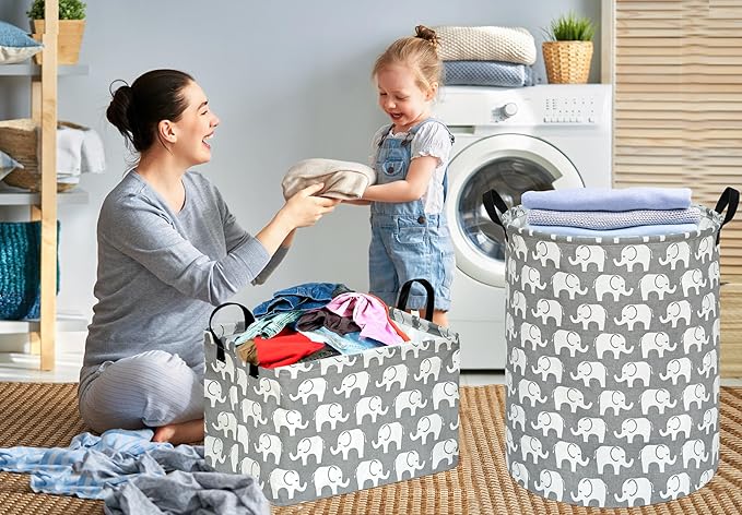 KUNRO Rectang Storage Basket Gift Shelf Basket Storage Bin, Nursery Basket Organizer Box for With Handles for Room Deco (Elephant)