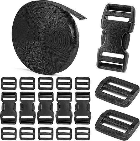 3/4" Buckles and Straps Set: 6 Yards of Thick Nylon Webbing, 6-Pack Quick Side Release Adjustable Plastic Buckles, 12 Tri-Glide Slide Clips (3/4 Inch Combo Set)