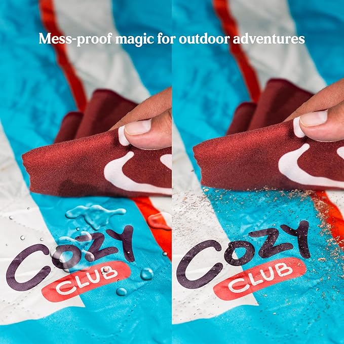 Cozy Club Waterproof Picnic Blanket Foldable Outdoor Mat with Pocket, Stakes & Shoulder Strap | Sandproof, Durable & Portable for Beach, Camping, Sporting Events & Travel | US Brand