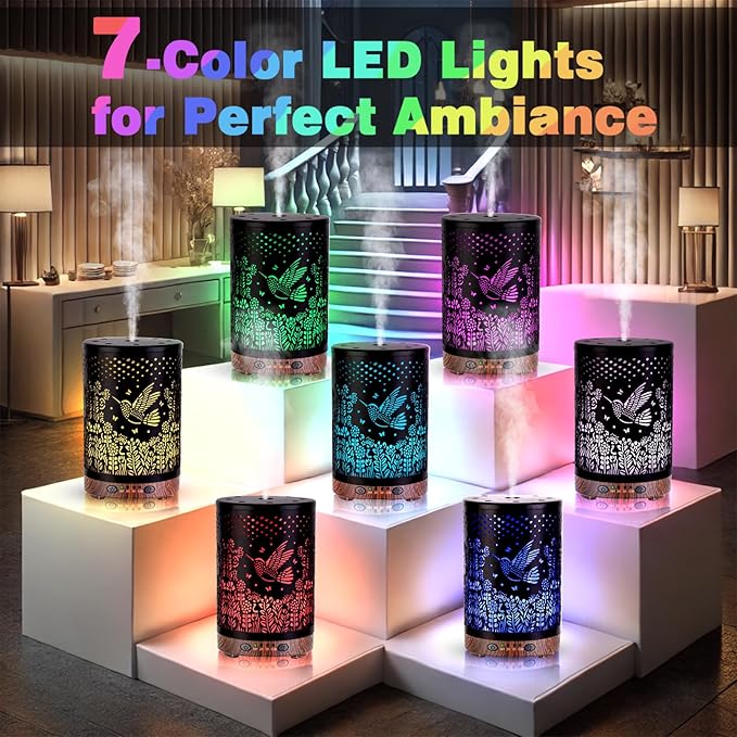 Essential Oil Diffuser 120ML Metal Aromatherapy Diffuser, Cool Mist Humidifier with Auto Shut-Off Protection 7 Color Lights for Home Office Spa (Bird)