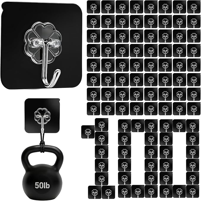 DDMY Heavy Duty Hooks Self Adhesive Hooks New Black Sticky for Hanging 100 Pack Waterproof Wall and Ceiling Hooks with Reusable Adhesive for Shower, Kitchen, Picture Hanging, Decorations, RV, No Damage