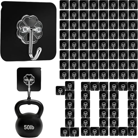 DDMY Heavy Duty Hooks Self Adhesive Hooks New Black Sticky for Hanging 100 Pack Waterproof Wall and Ceiling Hooks with Reusable Adhesive for Shower, Kitchen, Picture Hanging, Decorations, RV, No Damage