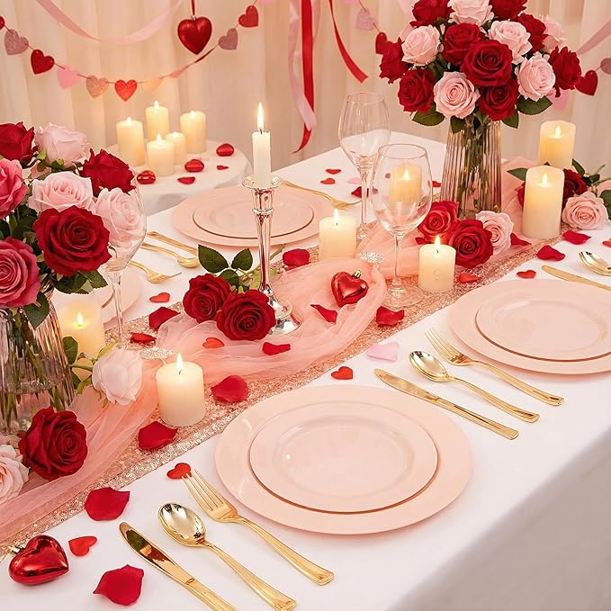 FLOWERCAT 60PCS Pink Plastic Plates - Heavy Duty Pink Plates Disposable for Easter Party&Valentine's Day/Wedding - serving 30 guests Include 30PCS 10.25inch & 30PCS 7.5inch