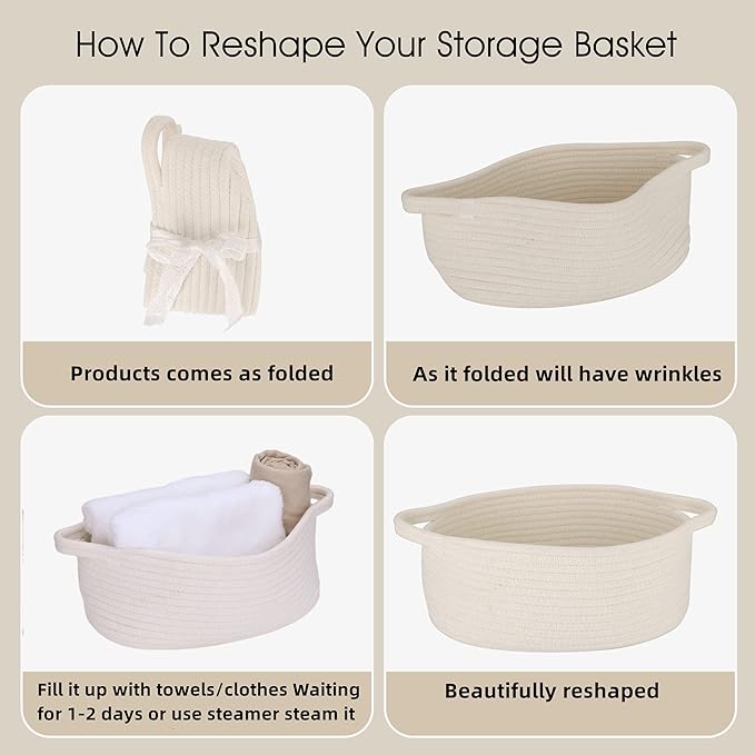 Small Woven Basket Cute Oval Cotton Rope Gifts Basket with Handle Empty Baby Wicker Storage Basket Nursery Box Bin Kids Organizer Cat Dog Toy Basket Easter Basket White