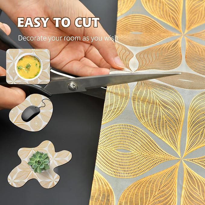 Drawer and Shelf Liner for Kitchen Cabinet,Non-Adhesive Waterproof Drawer Liner for Dresser & Bathroom Vanities with Adhesive Dots & Cutting Tool(12 in X 20 Ft Gold Leaf Pattern)