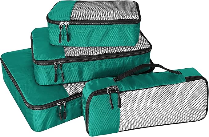 4-Piece Packing Cubes Travel Accessories Set for Suitcases - Luggage Organizer Bags with Double Zipper - Mesh Top - Small/Medium/Large/Slim - Green