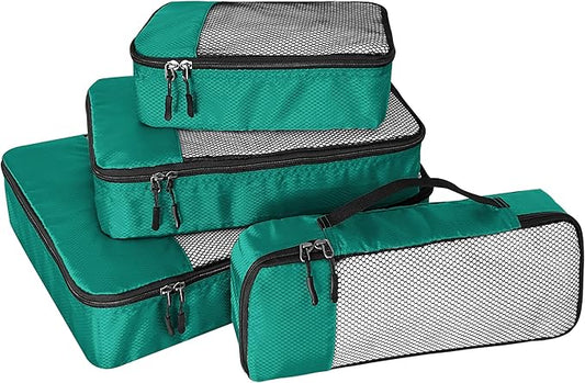 4-Piece Packing Cubes Travel Accessories Set for Suitcases - Luggage Organizer Bags with Double Zipper - Mesh Top - Small/Medium/Large/Slim - Green
