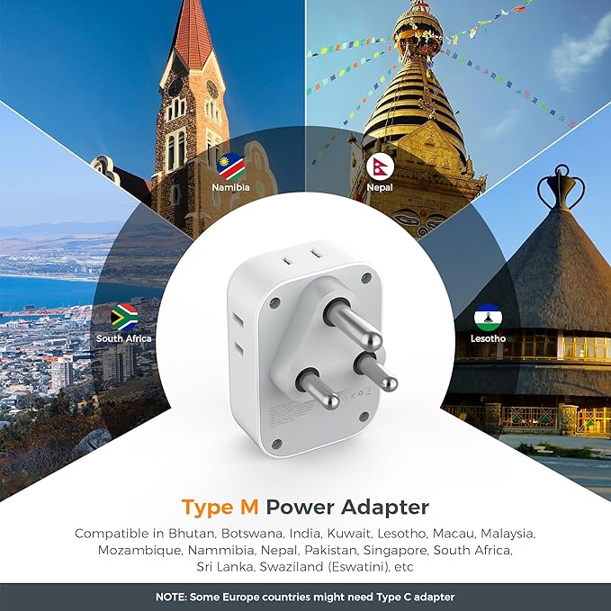South Africa Plug Adapter 2 Pack, TESSAN Type M Power Adapter with 4 AC Outlets 3 USB Ports (1 USB C), Travel Adapter US to Botswana Namibia Nepal Bhutan