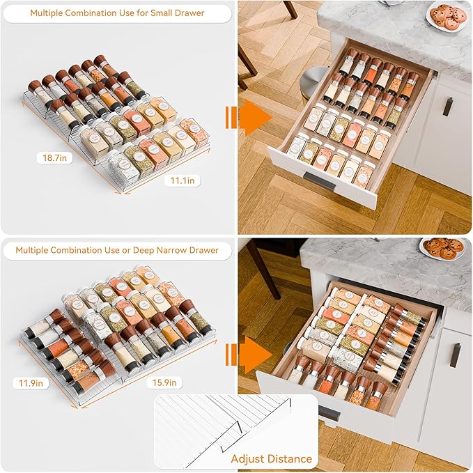 Yieach 4 Pack Adjustable In Drawer Spice Organizer - Expandable From 11" to 22" - Clear Acrylic Seasoning Organizer with Jars for Kitchen Drawer,Horizontal Tiered Kitchen Spice Organization & Tray
