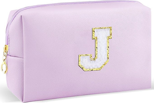 Gifts for Girls Initial Makeup Bag Personalized Cosmetic Bag with Zipper Cute Travel Toiletry Bag Waterproof PU Preppy Makeup Pouch Birthday Gift for Teen Girls Women(Purple J)