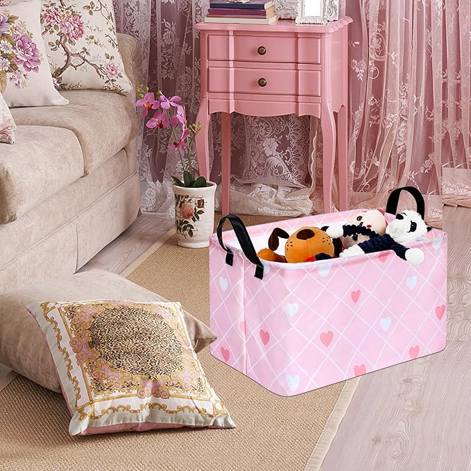 KUNRO Rectang Heart Valentine's Storage Basket Gift Shelf Basket Storage Bin, Nursery Basket Organizer Box for With Handles for Room Deco