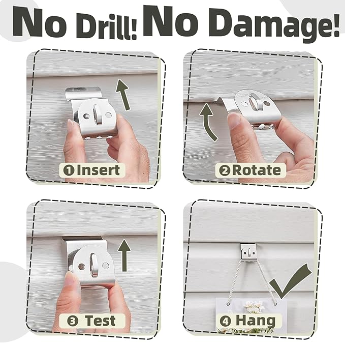 Vinyl Siding Hooks, 10-Pack Stainless Steel No Hole Vinyl Siding Clips, Holds up to 20lbs, Heavy Duty Siding Hooks for Hanging Outdoor, Double Clips for Wreaths, String Lights, Signs, Easter Decor
