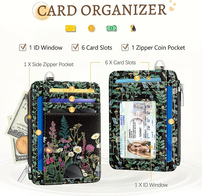 Wildflower Credit Card Holder Small Wallet Women, Flowers Slim RFID Blocking Wallet Woman Keychain with Zipper Coin Pocket, Front Pocket Thin Travel Card Case with ID Window for Ladies Gifts