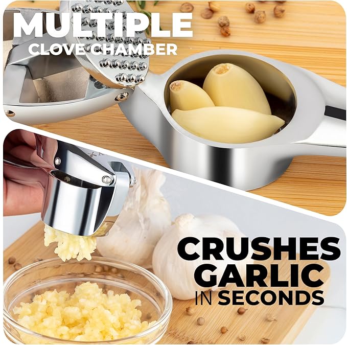 Zulay Kitchen Premium Garlic Press Set – Rust Proof & Dishwasher Safe Garlic Mincer Tool with Silicone Garlic Peeler & Brush, Easy Squeeze & Clean, Ergonomic Soft Grip Handle - Medium – Chrome